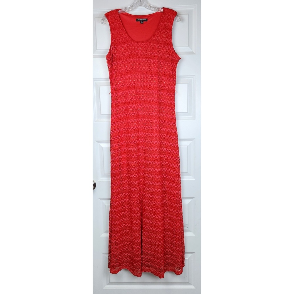 Sharagano Maxi Dress Women Size 12 Red Sequin Crochet Lace Sleeveless Gown